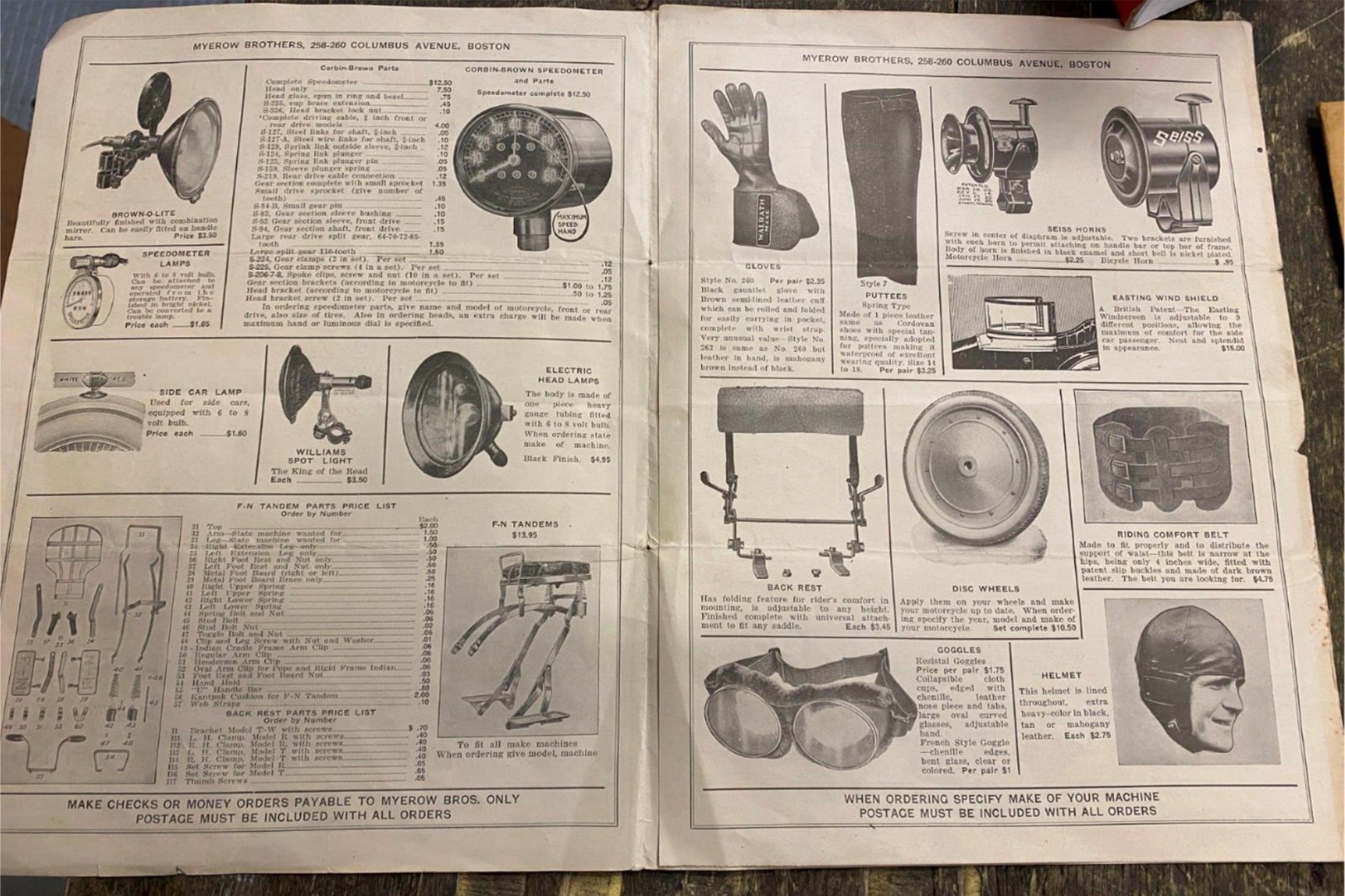 1923 Myeron Bros Harley Indian Parts Catalogue Corbin Speedo Helmet Horn J JD!
