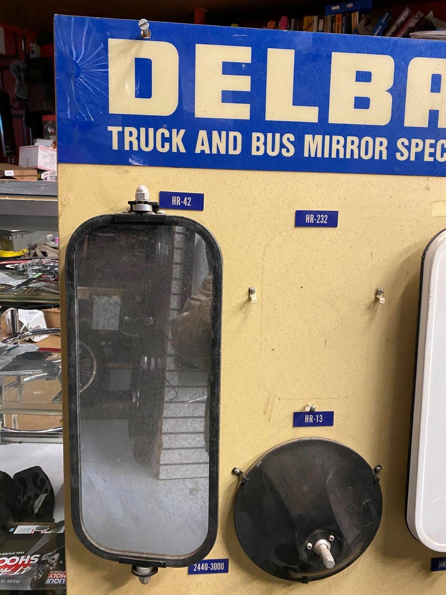img1065_0643f869-d1b4-4a7a-a18a-00789bcfe498.jpg Vintage Delbar Truck Bus Mirror Wall Display Dealer Advertising Tractor Trailer!