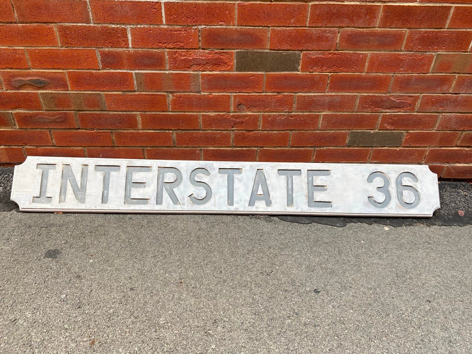 img12081.jpg Vintage Interstate 36 Sign Wood Iowa 5' Road Embossed Collectible Petroliana Gas