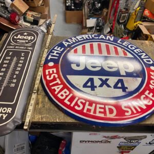 img1705_ebb3da4a-cbd2-4a29-ae35-99f5dff24b8e.jpg Jeep CJ2A 24" Round Sign Advertising Tin WW2 Collectible Willys 4X4 American Le
