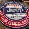 img1706_d9ac0a46-b3f1-4c8e-a333-27589dcea7d4.jpg Jeep CJ2A 24" Round Sign Advertising Tin WW2 Collectible Willys 4X4 American Le