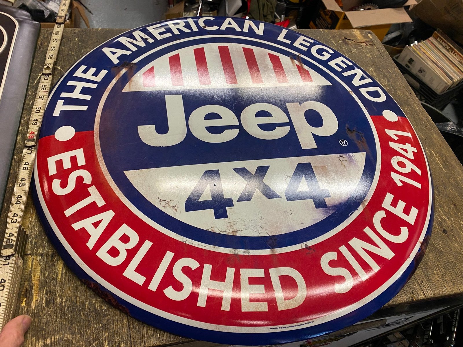 img1706_d9ac0a46-b3f1-4c8e-a333-27589dcea7d4.jpg Jeep CJ2A 24" Round Sign Advertising Tin WW2 Collectible Willys 4X4 American Le