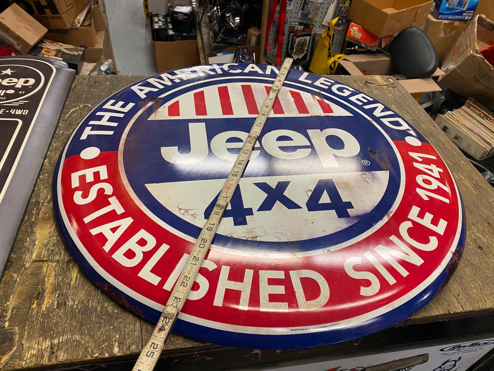 img1707_bd3cbf46-9d33-4cb2-b848-582907874424.jpg Jeep CJ2A 24" Round Sign Advertising Tin WW2 Collectible Willys 4X4 American Le