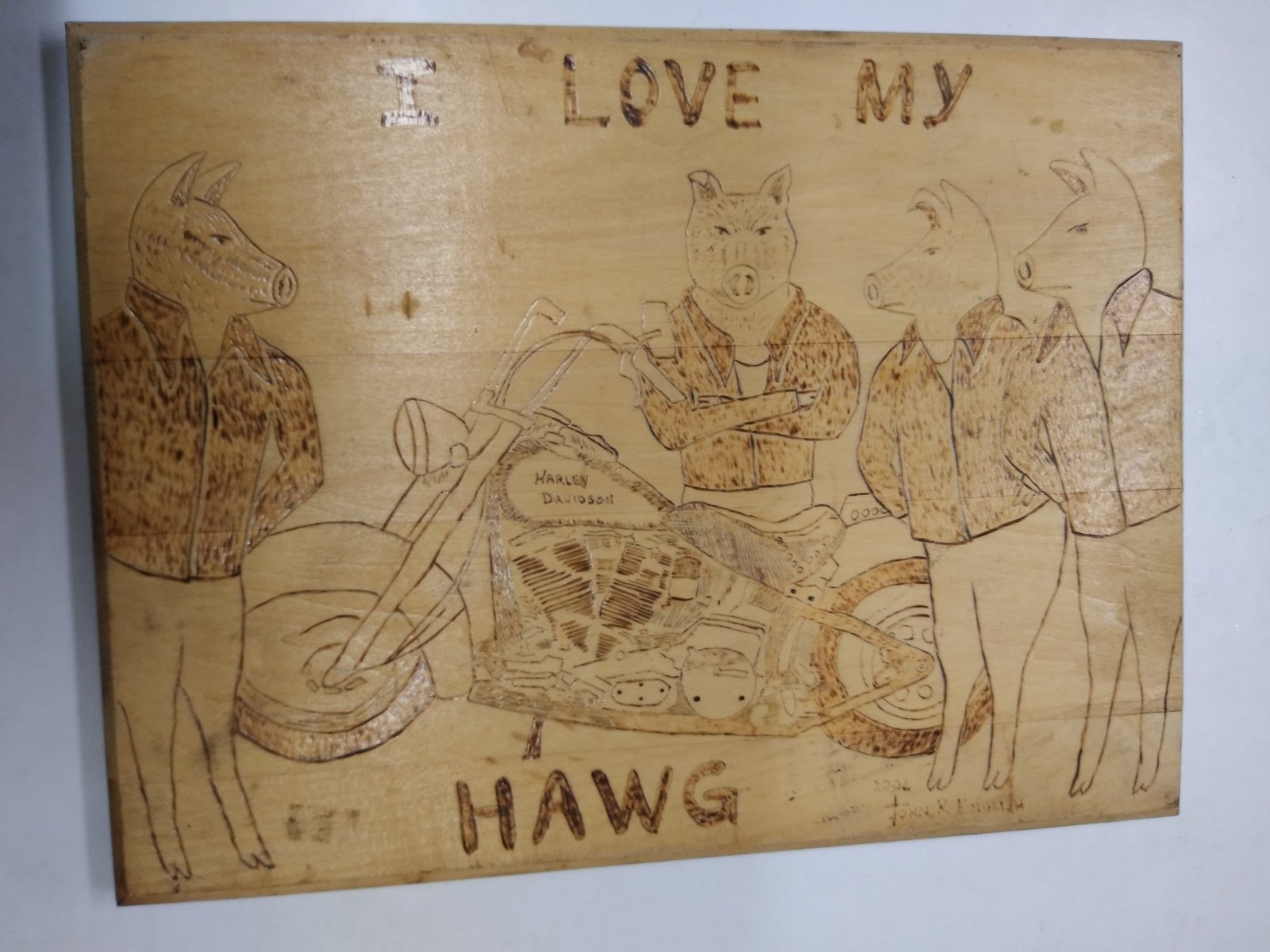 img20210401121521738.jpg Vint Harley Davidson I Love My Hawg Man Cave Wall Art Pyrography Wood Burning