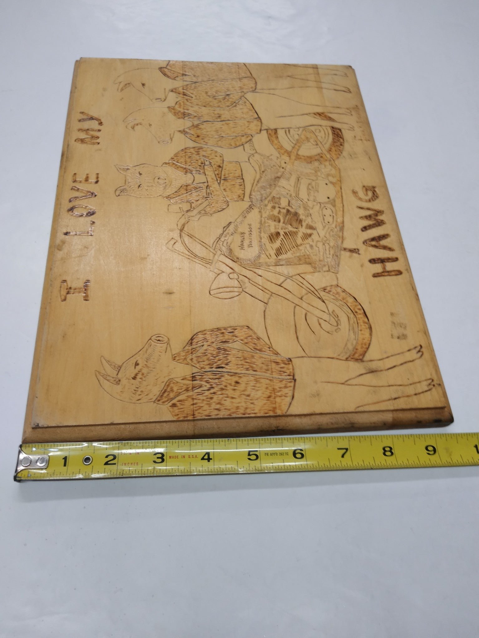 img20210401121636115.jpg Vint Harley Davidson I Love My Hawg Man Cave Wall Art Pyrography Wood Burning