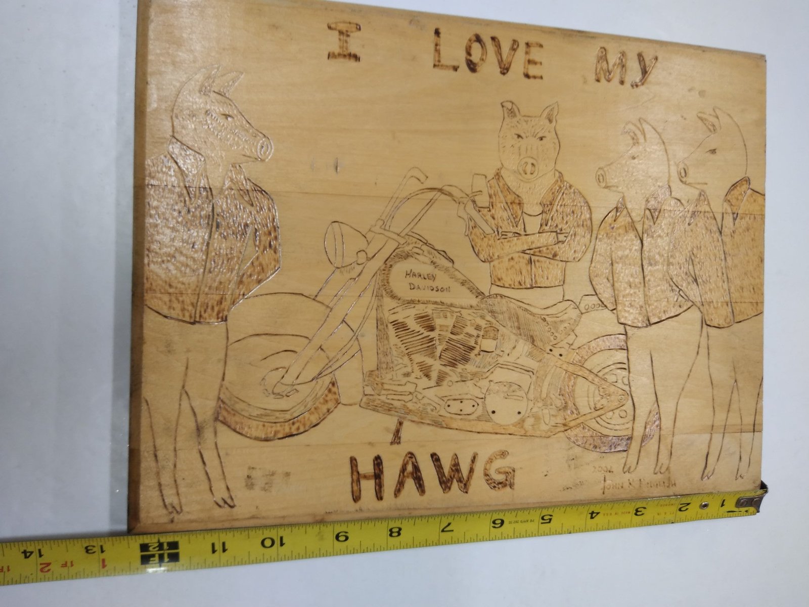 img20210401121656536.jpg Vint Harley Davidson I Love My Hawg Man Cave Wall Art Pyrography Wood Burning