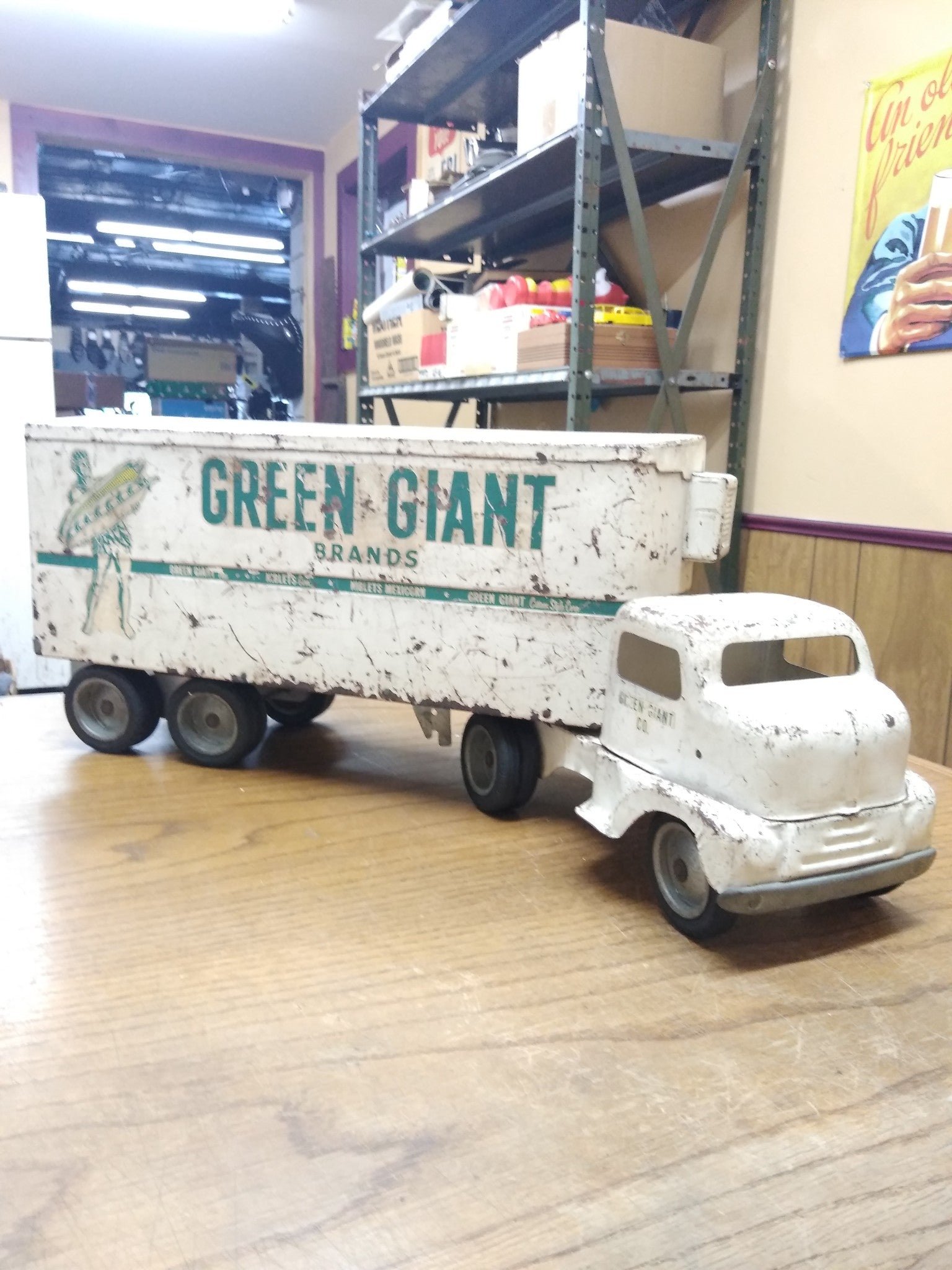 Vintage TONKA Green Giant Toy Refer Semi Truck Wood Trailer Bed Pressed Metal