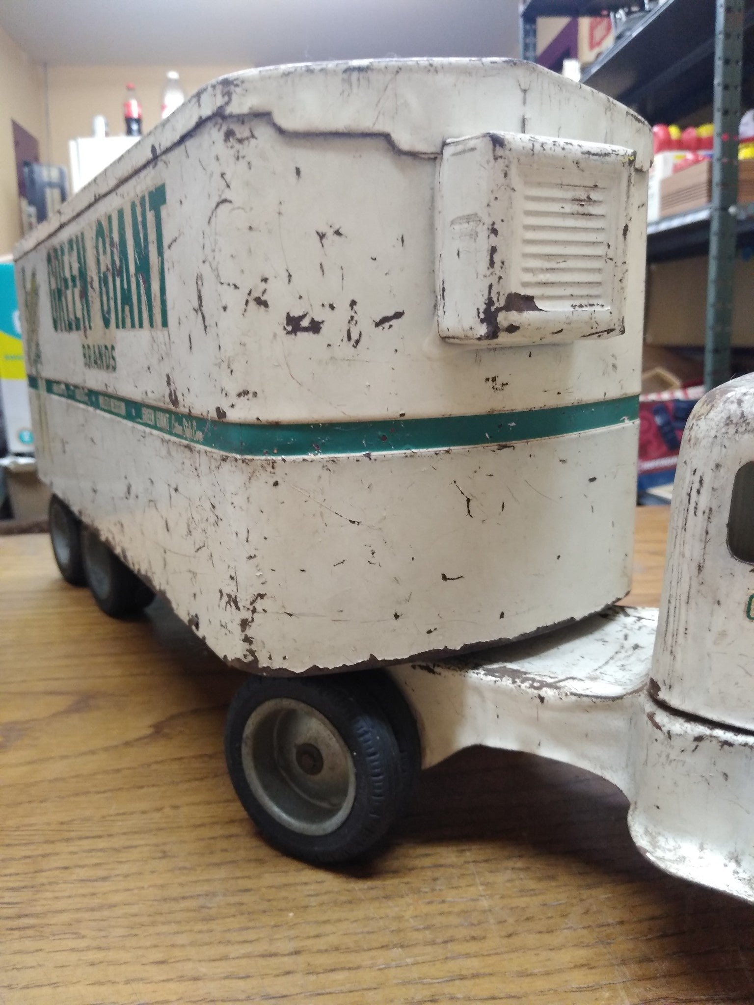 Vintage TONKA Green Giant Toy Refer Semi Truck Wood Trailer Bed Pressed Metal