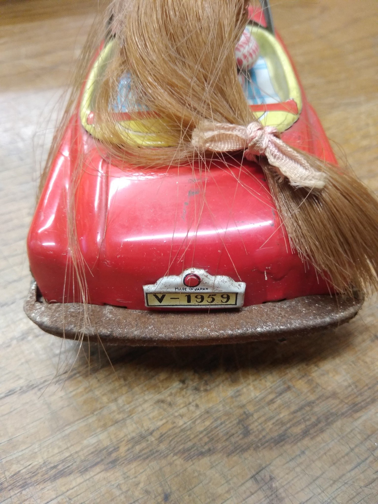 Vtg 1950's Japan Tin Litho Friction Toy Car Girl V 1959 Lic. Plate Works Great!