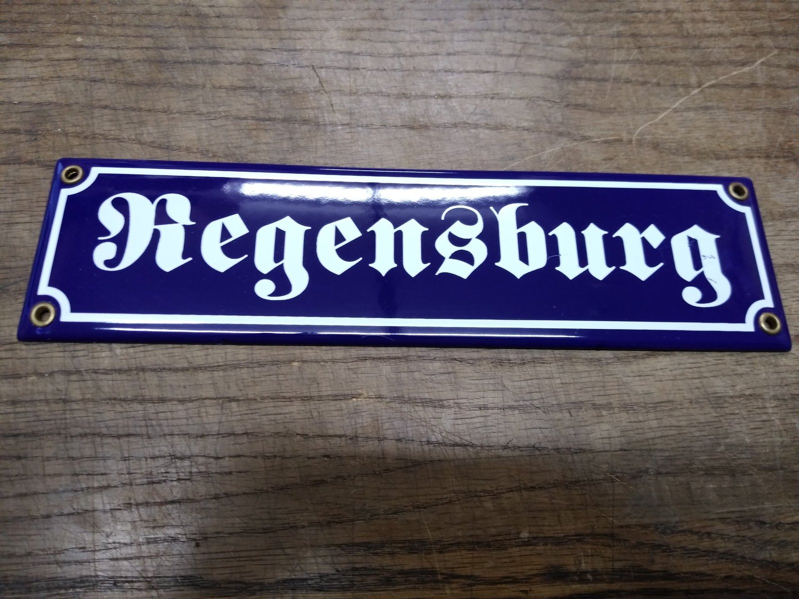 Vtg NOS Porcelain Enamel Steel Regensburg Sign 11+ Inch Cobalt Blue White!
