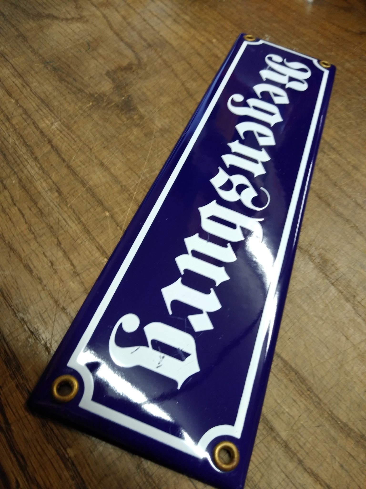 Vtg NOS Porcelain Enamel Steel Regensburg Sign 11+ Inch Cobalt Blue White!