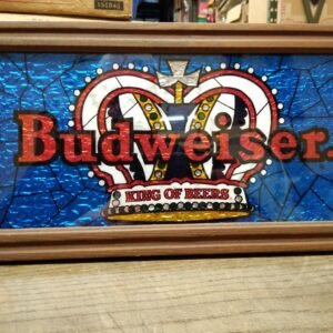 Vtg Wood Framed Budweiser King Of Beers Picture Blue Red Foil Backed 13.5"x7.5"