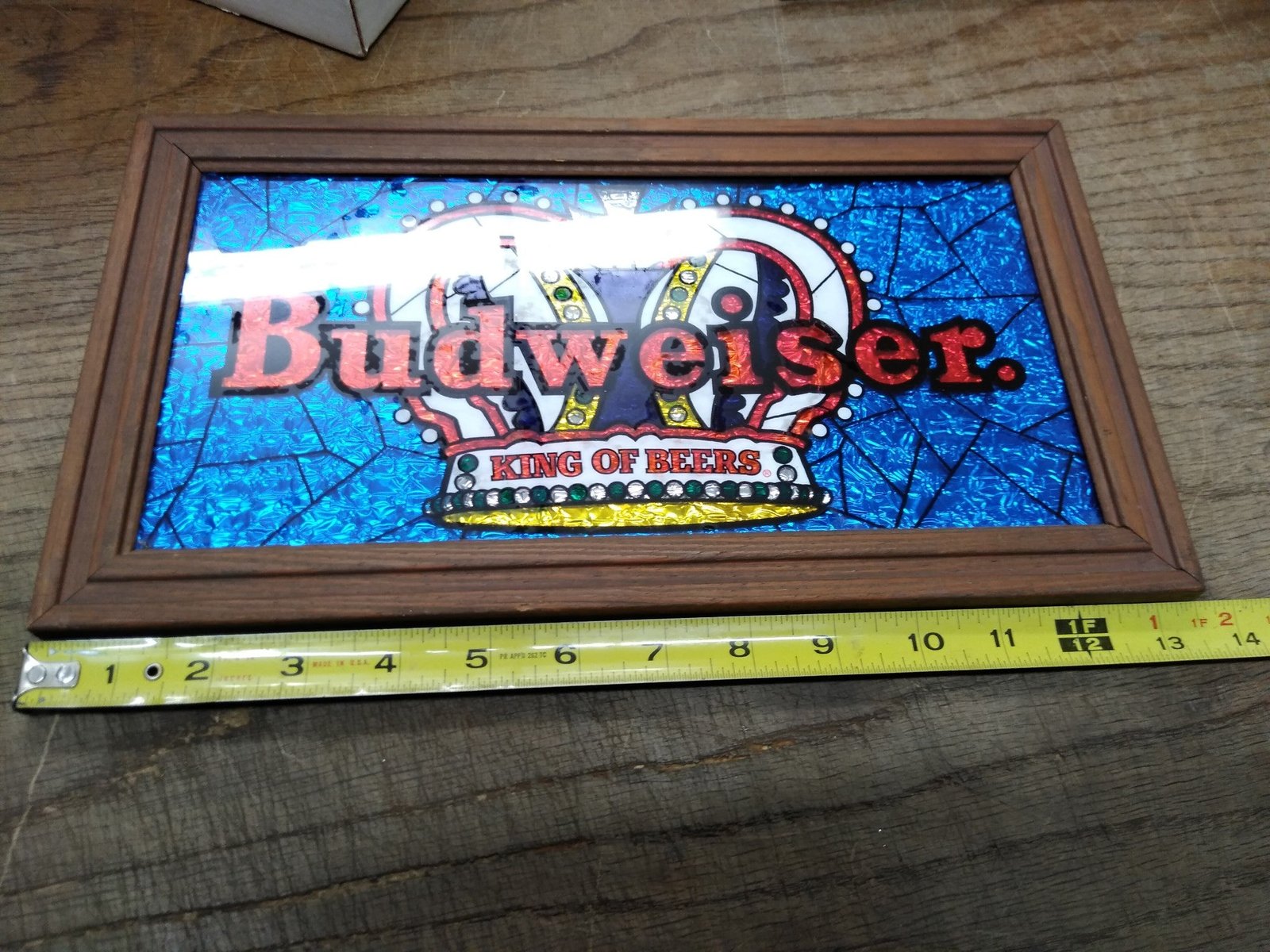 Vtg Wood Framed Budweiser King Of Beers Picture Blue Red Foil Backed 13.5"x7.5"