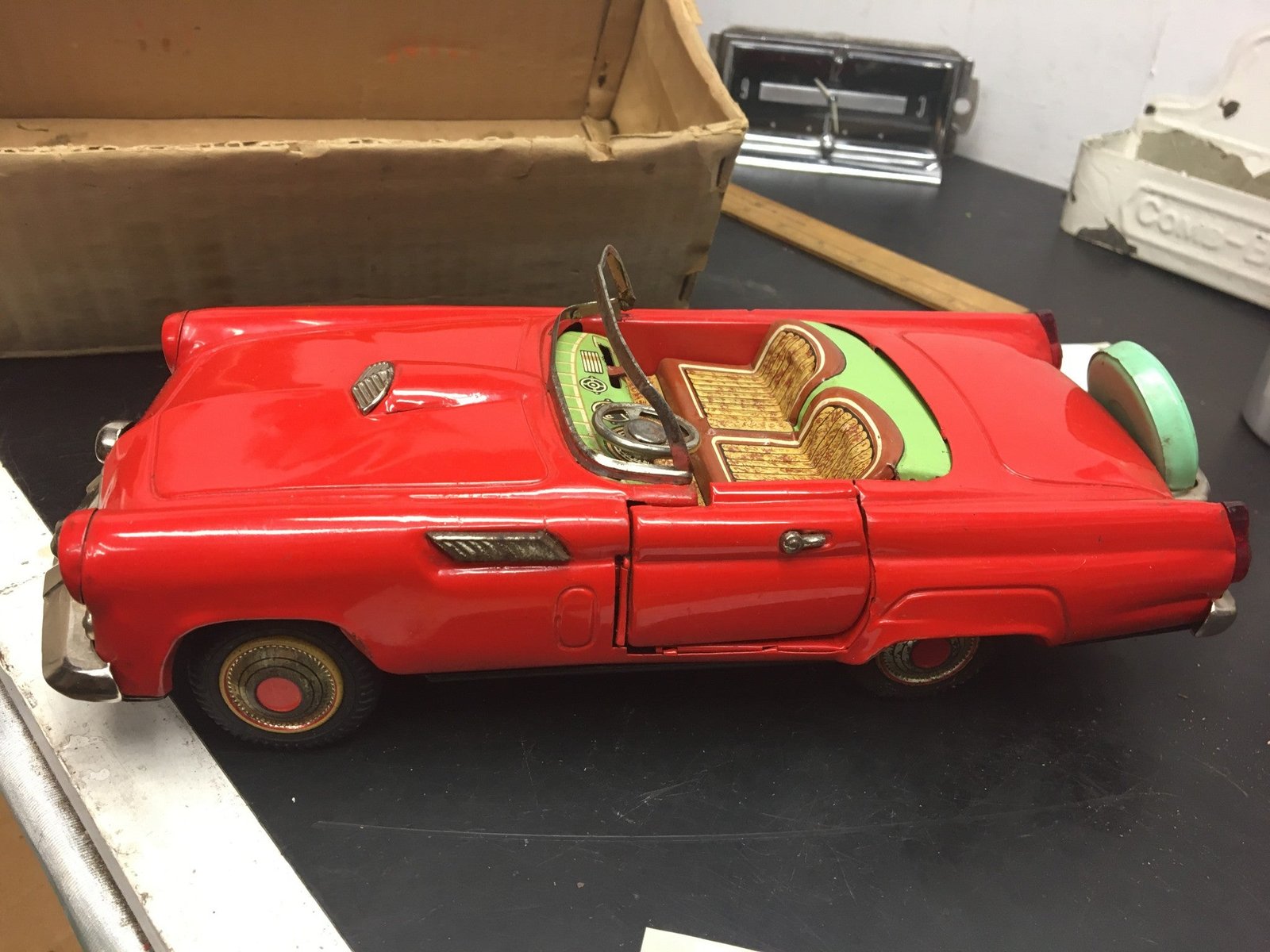 img2650_77fed9f4-0e58-4bfb-9580-6e366e21dd78.jpg MINT 1960's Vintage Ford Thunderbird Red Tin Toy Car TN Battery Operated w Box!