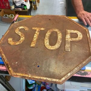 Vtg Embossed Stop Sign Heavy Steel Traffic Oil Gas Service station garage Man Ca