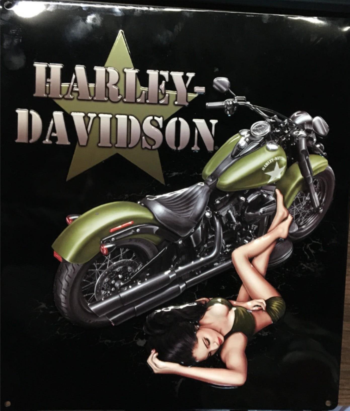 img29111.jpg OEM HARLEY "DUTY CALLS BABE" GIRL METAL TIN SIGN 13X15 SOFTAIL SLIM GARAGE SIGN