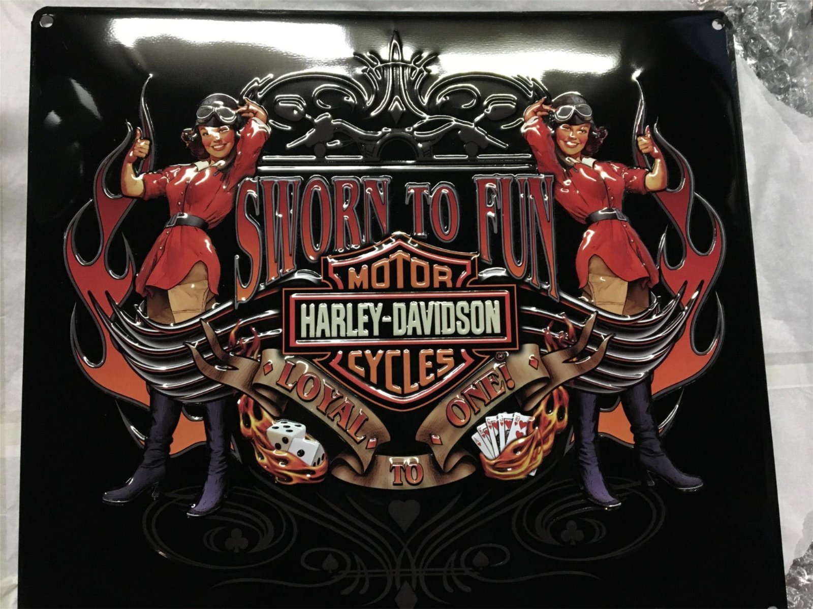 HARLEY DAVIDSON ANDE ROONEY METAL SIGN - SWORN TO FUN BABES - MAN CAVE/GARAGE