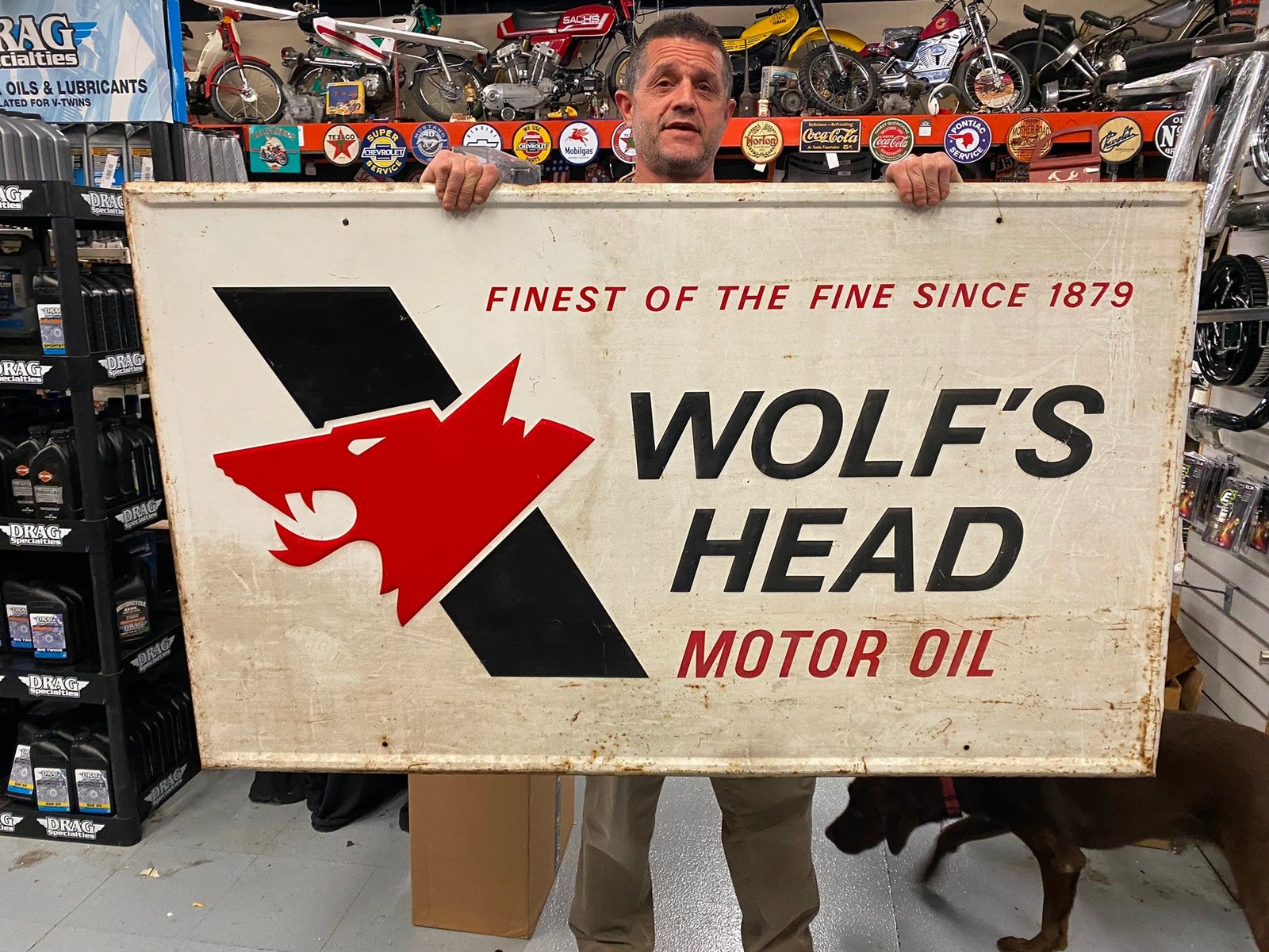 SOLD SOLD Vtg 1976 Wolfs Head Oil tin Sign 60x35 Gas Service Station Can Advert Collector!