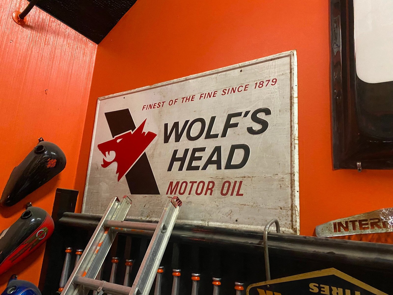 SOLD SOLD Vtg 1976 Wolfs Head Oil tin Sign 60x35 Gas Service Station Can Advert Collector!