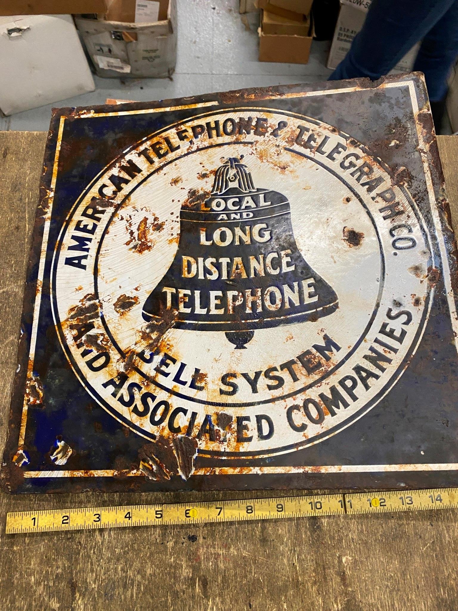 Antique Vtg Sign Porcelain American Telephone Telegraph Co Flange Double Sided