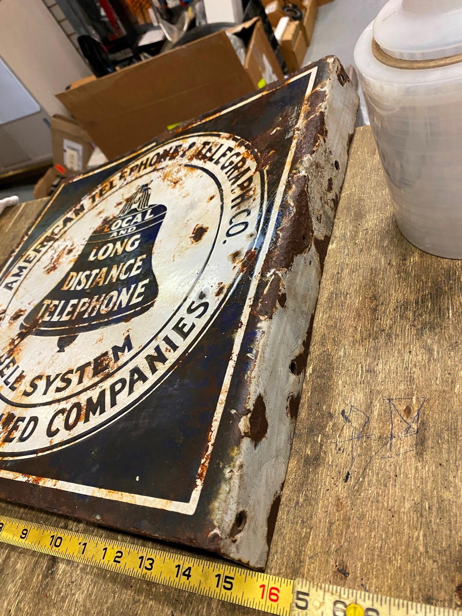 Antique Vtg Sign Porcelain American Telephone Telegraph Co Flange Double Sided