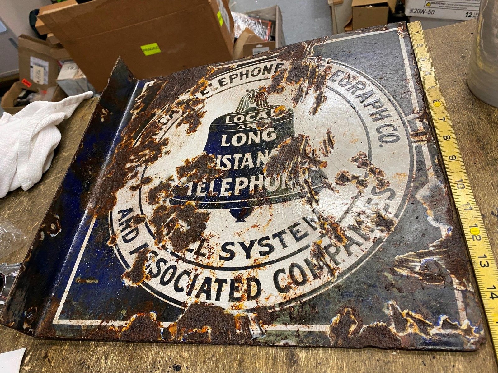 Antique Vtg Sign Porcelain American Telephone Telegraph Co Flange Double Sided