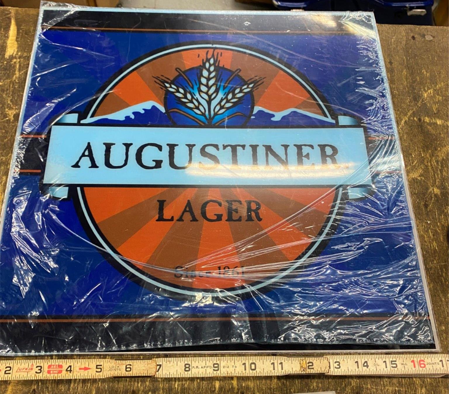 img3459_9939186b-dd6c-49d2-a13c-6f6eedc353b1.jpg Pittsburgh Brewing AUGUSTINER LAGER Beer Sign Advertising 17" Tavern Bar Man Cav