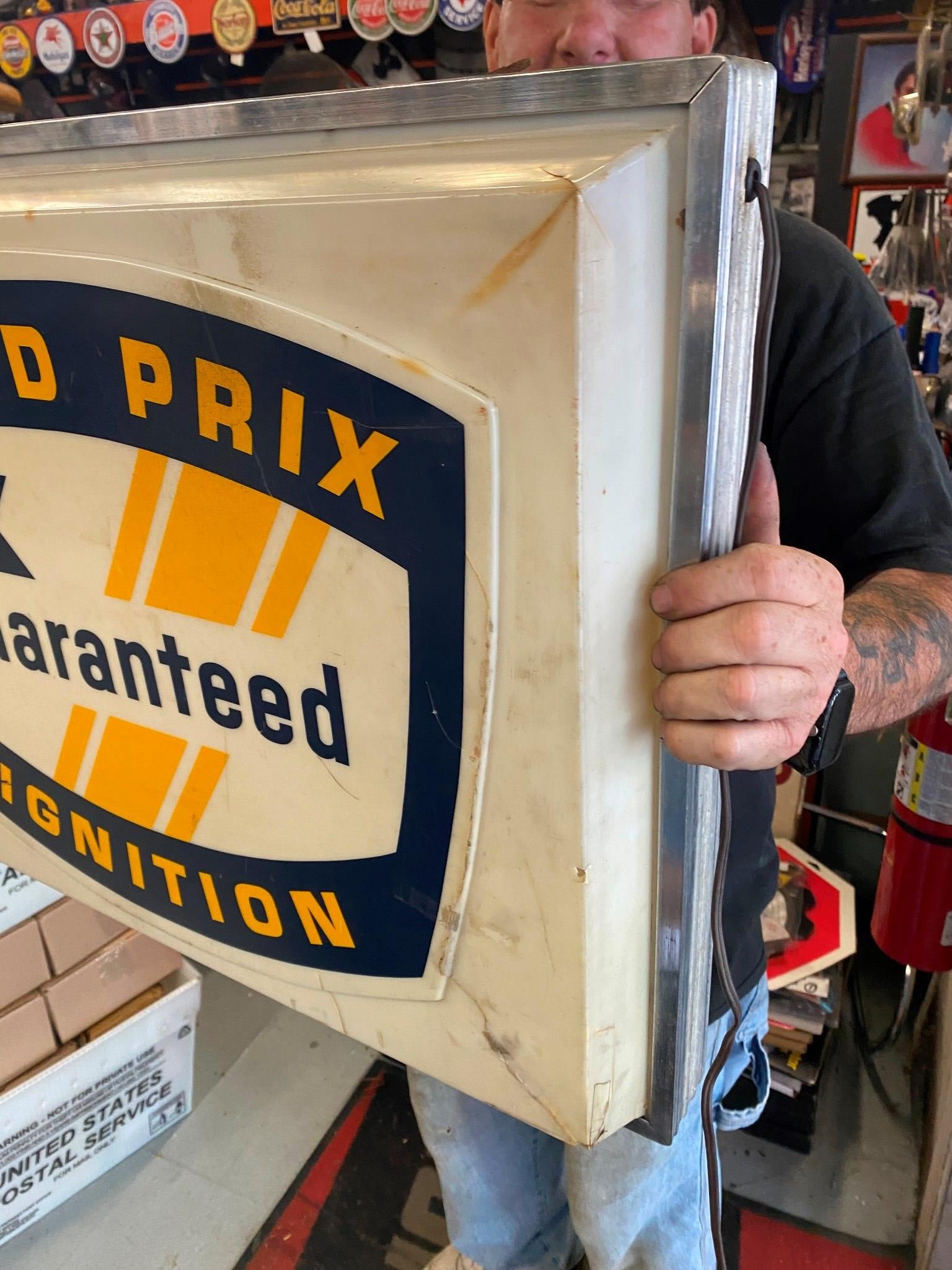 Vtg Grand Prix Guaranteed Ignition Tune Light Up Double sided Sign Oil Gas Servi