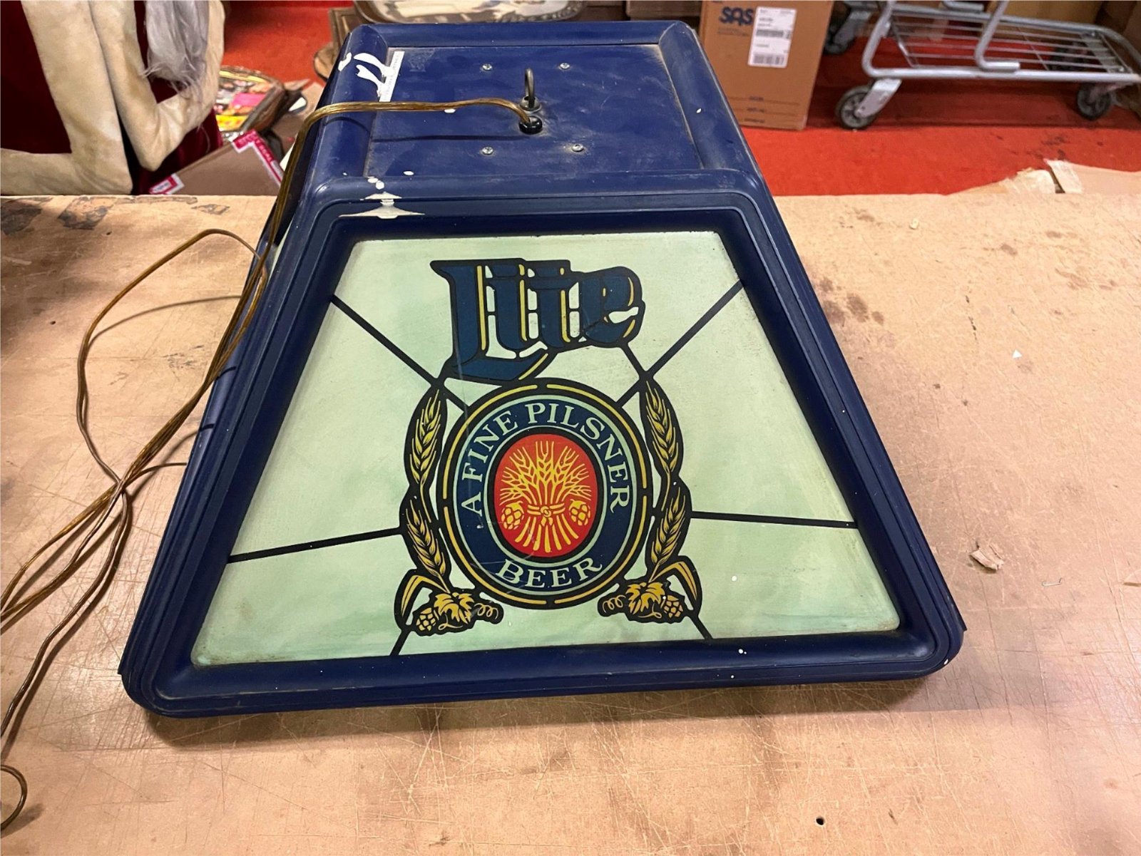 VTG 1980s Miller Lite Beer Blue Pool Table Hanging Bar Pub Sign tested works