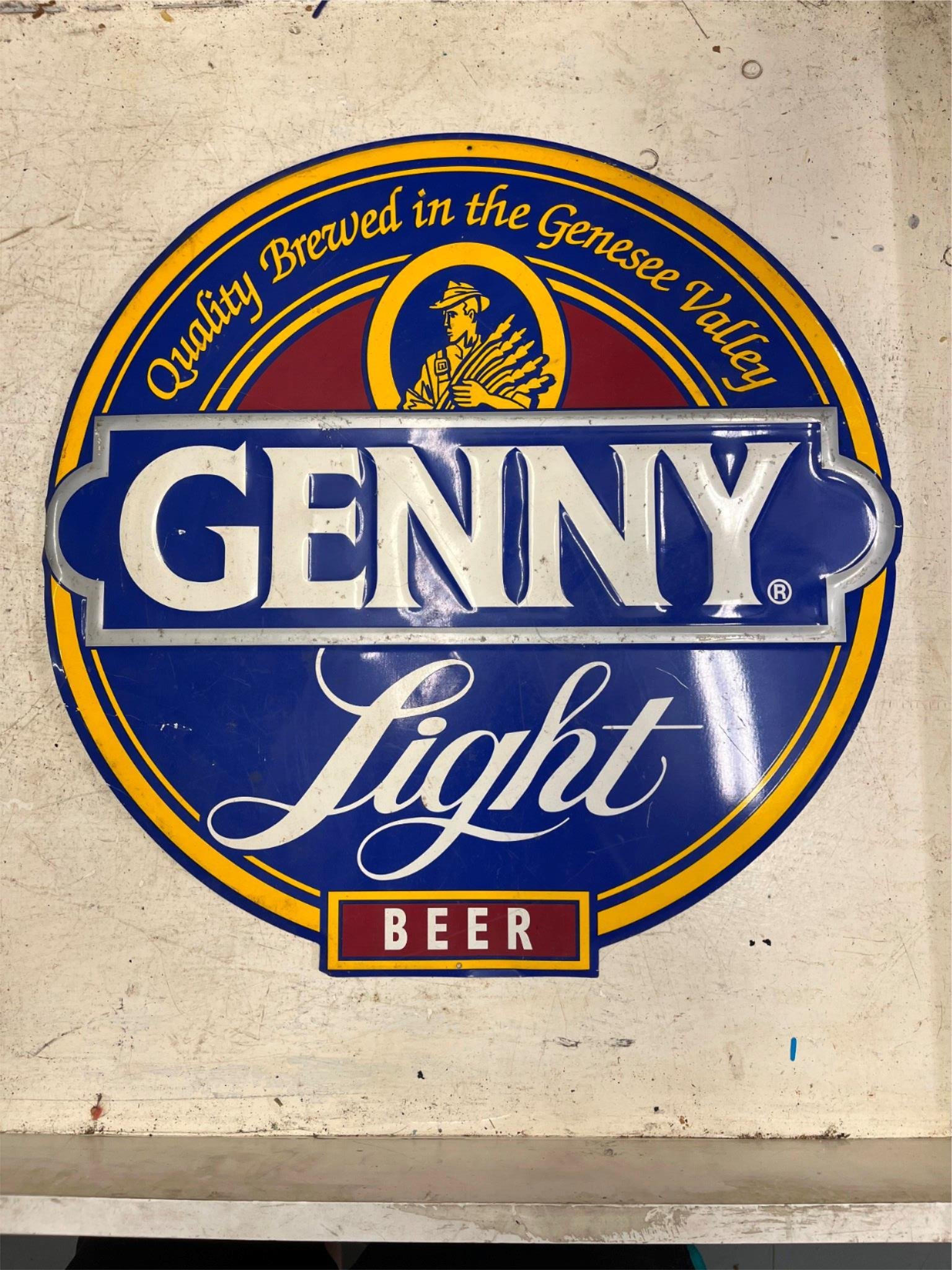 vtg Genny Light Beer 21" tin sign man cave bar Genesee valley
