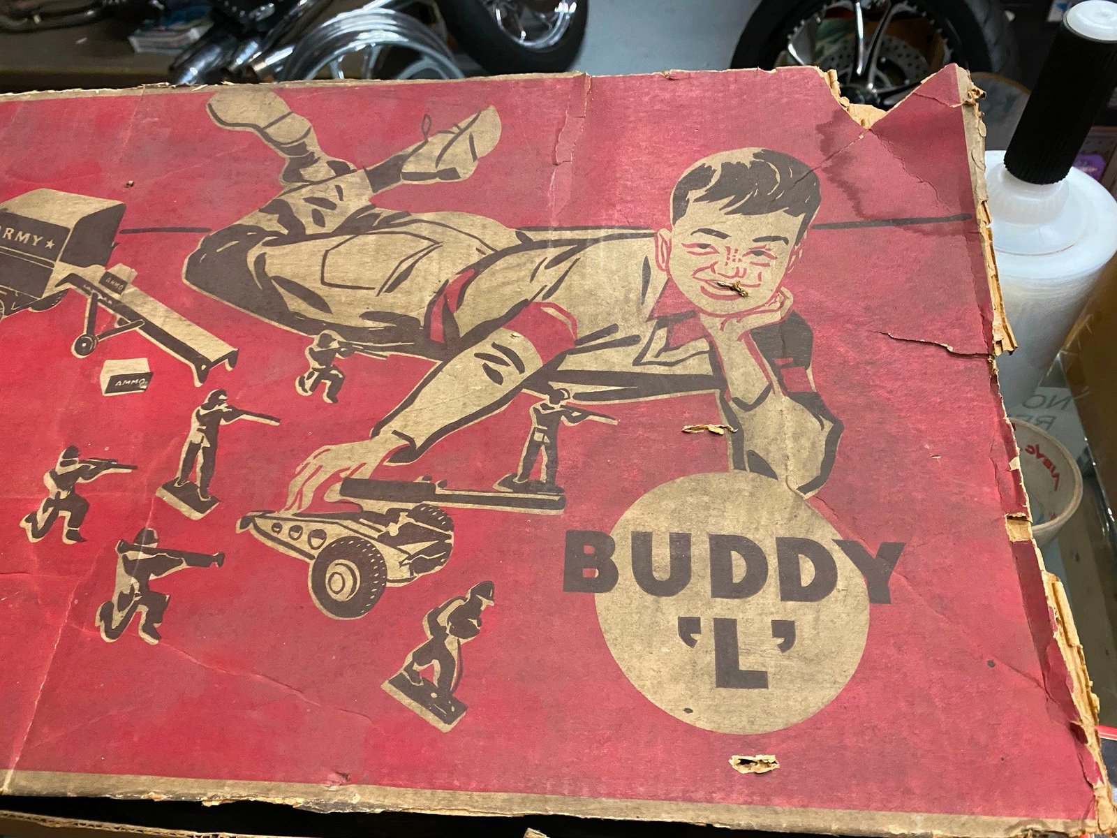 img5139.jpg Vtg Lot Buddy L Toy Set Trucks Cannon Military Searchlight Tin Box Army Troop Ca
