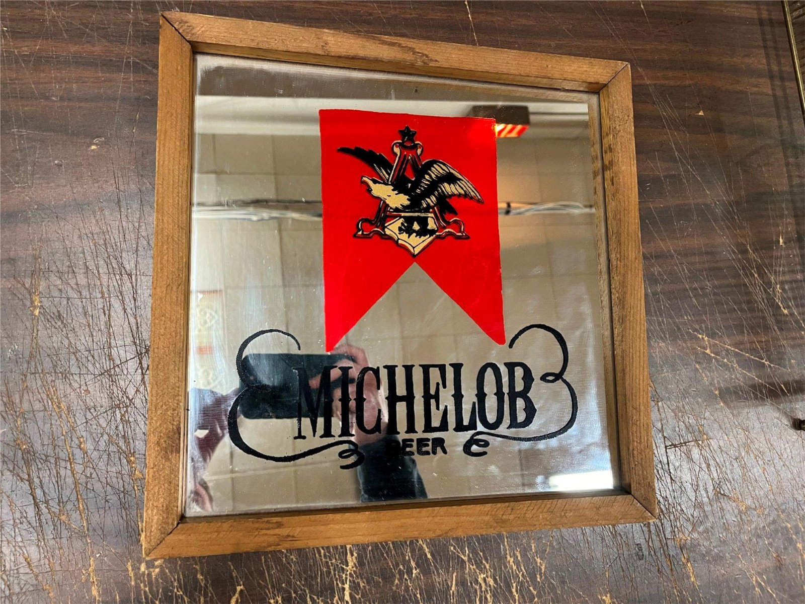 img6522_a487ceb7-fb03-420b-b692-d6a4a36bd882.jpg vintage 1980s Made In USA Michelob Beer Mirrored Advertising Sign 13X13