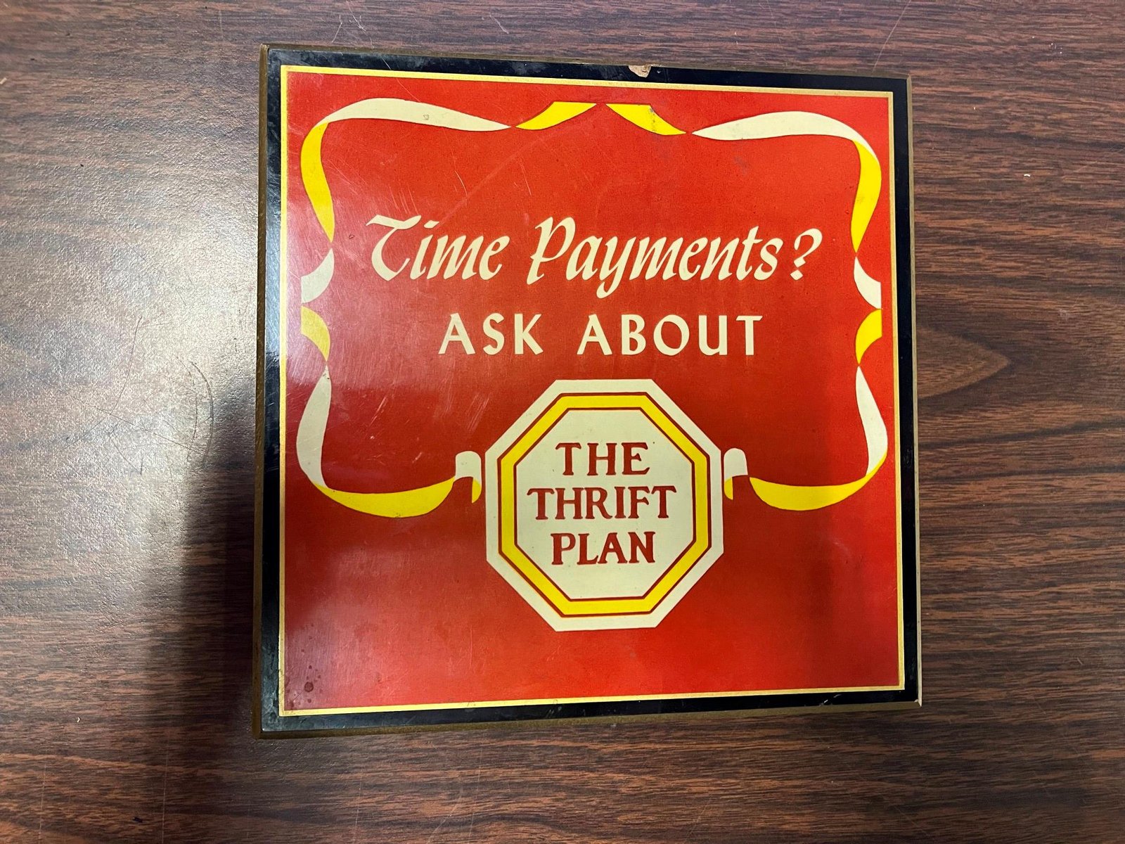VTG made in USA Crystal Plaque "The Thrift Plan" Advertisement Sign 8X8