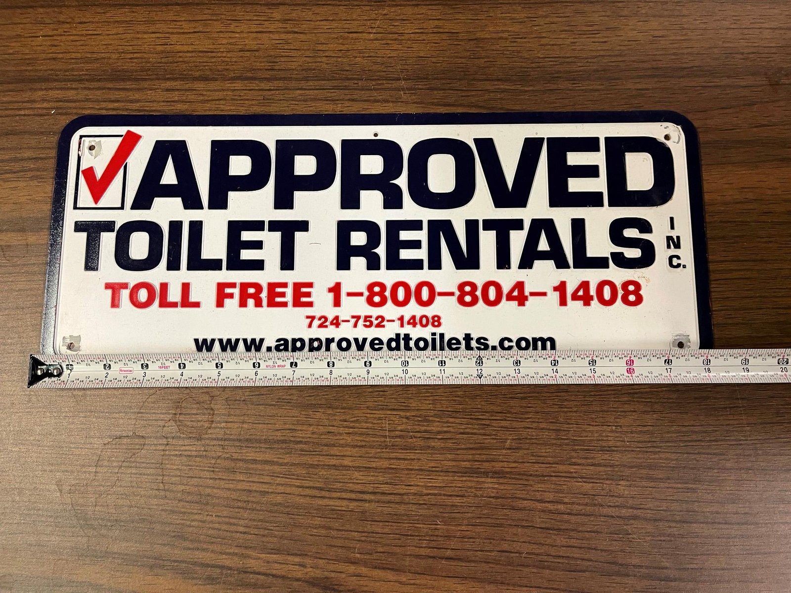 VTG Made in USA Approved Toilet Rentals Inc. 18.5X7.5 Plastic Sign
