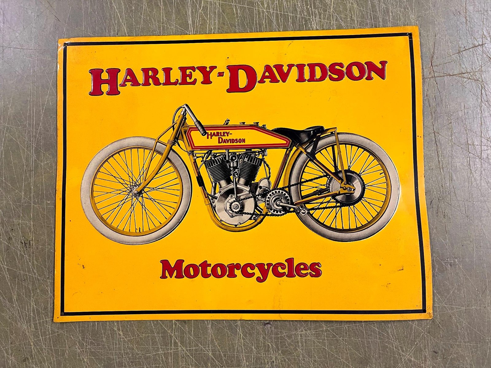img8841_074c2610-1010-4dd5-ac8d-5c461f3c2855.jpg VTG Harley Davidson Motorcycles Yellow Tin Metal Antique Style Advertising Sign
