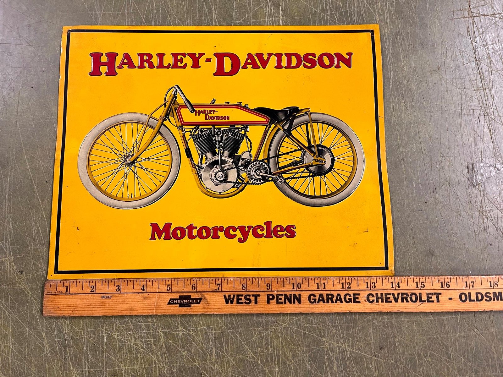 img8843_94c0a676-d8d1-476f-8725-c08a9f22836f.jpg VTG Harley Davidson Motorcycles Yellow Tin Metal Antique Style Advertising Sign