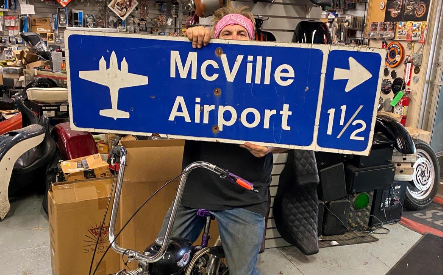 Vtg Sign Mcville Airport Road Street Airplane Oil Gas Advertising 48x15 Garage!