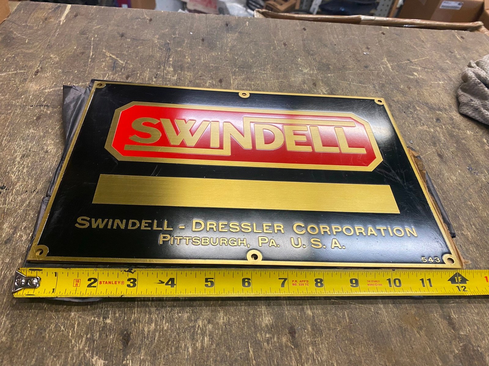 img9825_085f2790-c71f-4827-9544-25fe66d50102.jpg Vtg NOS Swindell Dressler Brass Sign 12x8 Heavy Man Cave Garage Machinery Pgh PA