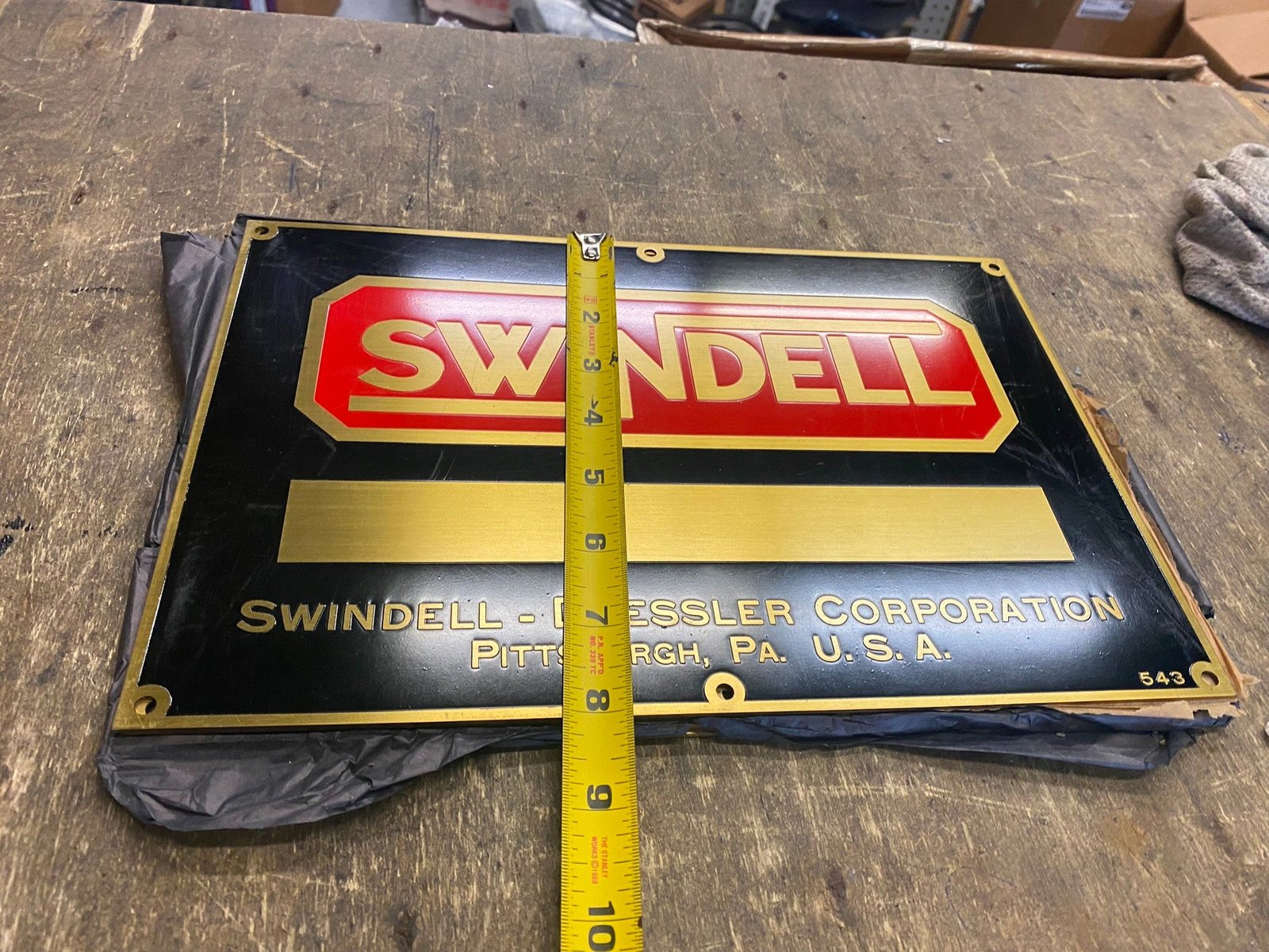 img9826_ee8d2d9e-66fb-4476-9b64-6a5600fb9b94.jpg Vtg NOS Swindell Dressler Brass Sign 12x8 Heavy Man Cave Garage Machinery Pgh PA