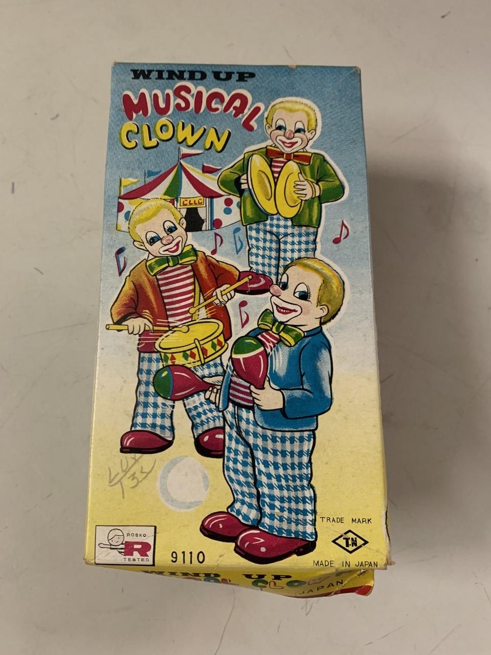 Rosko Wind Up Musical Clown #9110 in Original Box Working Japan TN modern toys